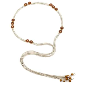 Bohemian woven rope belt for women, chic decorative waist chain with floral charms and wooden beads.