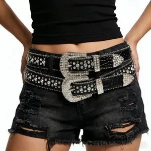 Punk Unisexe PU Alliage Strass Ceinture Western Cowboy Crocodile Motif Sculpture Boucle Strass Taille Ceinture Pour Jeans Fête Décoration Accessoires