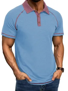 Men's summer short-sleeve polo shirt featuring contrast color lapel and raglan sleeves.