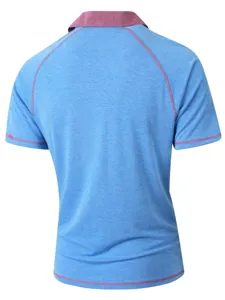 Back detail view of casual short sleeve polo shirt with contrasting collar and stitching.