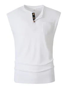 Men solid color sleeveless henley shirt casual button tank top with chest pocket white