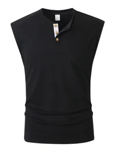 Men casual solid color sleeveless henley shirt with chest pocket and button placket detail