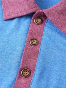 Blue and maroon contrast polo shirt detail, casual short sleeve summer top with buttons.