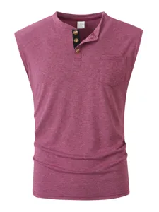 Men's sleeveless henley shirt detail, breathable fabric, button placket, and chest pocket.