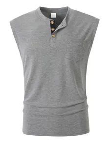 Grey sleeveless Henley vest detail, casual men tank top with buttons and chest pocket.