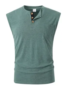 Men's casual sleeveless henley shirt with buttons and chest pocket comfortable summer top