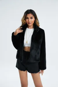 Women's black faux fur slim long sleeve stand collar jacket furry fashion winter outerwear