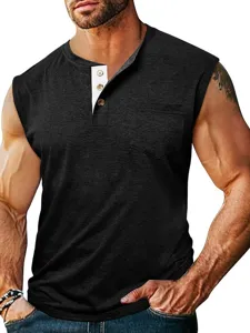 Men's casual sleeveless Henley tank top with button placket and chest pocket in solid color.