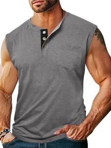 Men's casual solid color sleeveless Henley shirt with front buttons and chest pocket for summer.