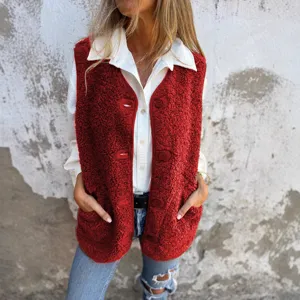 Women autumn winter red sherpa fleece button vest jacket casual sleeveless outerwear top