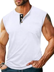Men's casual sleeveless Henley tank top solid color summer breathable cotton vest with pocket
