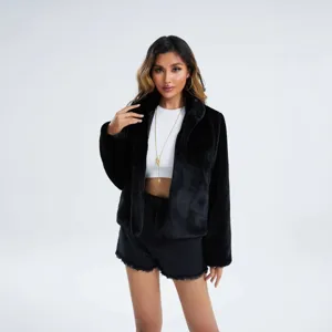 Women's black faux fur slim coat long sleeve stand collar furry winter outwear fashion jacket