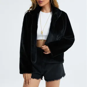 Women's black faux fur slim coat long sleeve stand collar fluffy winter outerwear main view