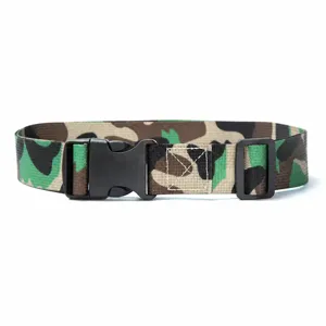 Camo canvas belt detail, featuring durable plastic side release buckle and adjustable slider.