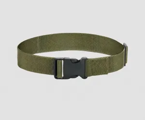 Close-up detail view of the military green canvas belt featuring a durable black plastic buckle.
