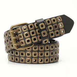 Punk style black leather belt featuring antique bronze square rivets and metal buckle.