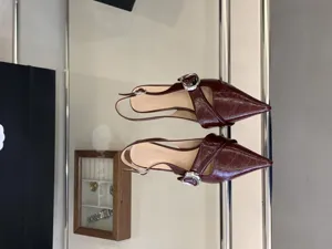 Women stylish pointed toe slingback pumps with metal buckle dark red leather elegant shoes