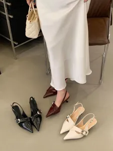 Stylish women pointed toe slingback kitten heels with elegant metal buckle and strap.