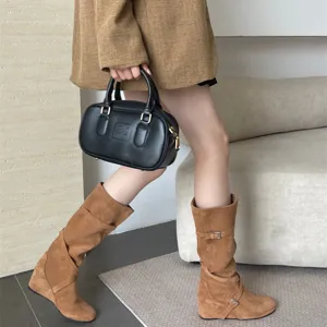 Elegantes botas altas con cuña de ante estilo vintage coreano para mujer, botas de otoño.