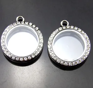 Stainless steel round floating glass memory locket pendant with rhinestone crystal bezel.