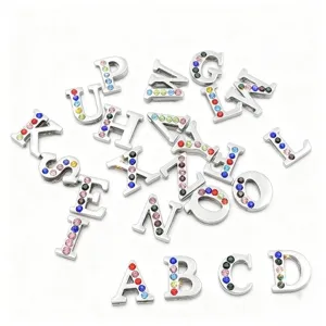 8mm slide rhinestone letter charms for diy jewelry, necklace and bracelet making details.