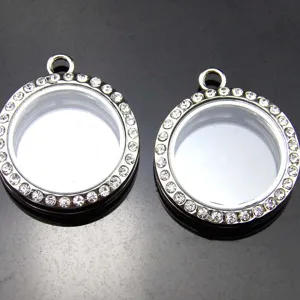 Glass Locket Pendant Round Floating Memory Locket Rhinestone Border Floating Charm Pendant Jewelry Making Accessories
