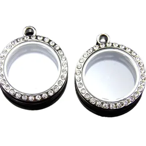 Crystal Rhinestone Round Glass Locket Pendant Double Sided Floating Memory Locket Box.