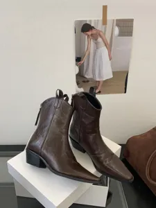 Brown pointed toe chunky heel western short boots retro chelsea boots women footwear