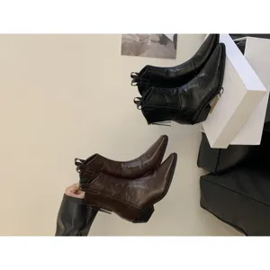 Women's Retro Short Boots Pointed Toe Chunky Heel Western Cowboy Boots V-Cut Satin Fashion Ankle Boots Daily Wear