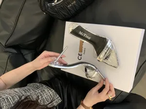 Detailed view of women silver pointed toe clear strap stiletto high heels mules summer chic