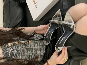 Detailed view of women clear pointed-toe heels, showing metallic buckle and silver design.