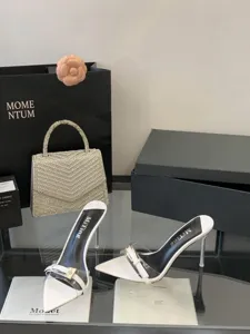 Stylish pointed toe clear strap high heel mules for women, elegant summer stiletto shoes.