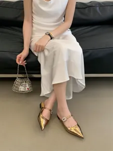Mules plates pointues en or métallique avec boucle en strass chaussures élégantes