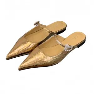 Mules plates pointues métalliques dorées avec boucle en strass chic chaussures élégantes