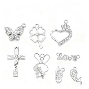 DIY alloy rhinestone charms set featuring butterfly, clover, heart, cross, and cute rabbit items.