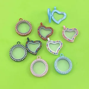Bunte Strass magnetische Memory Medaillon Anhänger rund und herzförmig Schmuck Detail