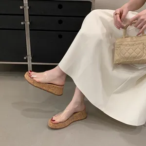 Detailed view of women clear strap cork wedge sandals, stylish summer casual footwear.