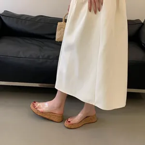 Clear strap cork wedge sandals detail showcasing transparent upper and platform sole.