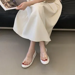 Clear strap wedge platform sandals detail showing transparent upper and thick white sole.