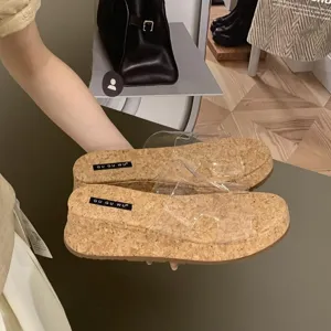 Detailed shot of transparent PVC strap cork wedge sandals, showcasing insole and platform design.