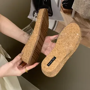 Summer cork wedge sandals featuring clear PVC straps and stylish thick sole detail view.