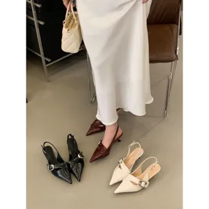 Women's Patent Leather Kitten Heels Pointed Toe Slingback Pumps Metal Buckle