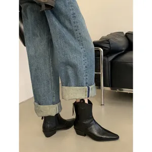 Women stylish pointed toe western ankle boots with chunky heel and retro design for daily wear.