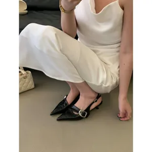 Women stylish black pointed toe slingback kitten heels with metal buckle fashion shoes