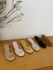 Detail shot of summer women's heeled thong sandals, minimalist strap design, multi-color variety.