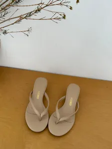 Summer women minimalist high heel thong sandals beige elegant slip on shoes outdoor wear