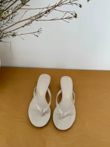 Minimalist beige thong high heel sandals for women, perfect for summer casual outdoor wear.