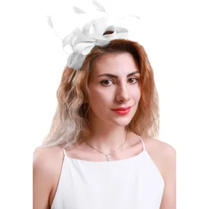 White fascinator hat with feathers for women party wedding headwear detail view showcase