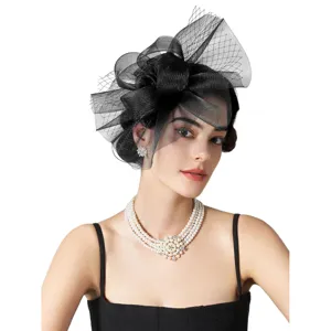 Κομψό σετ κάλυψης κεφαλής fascinator από μαύρο δίχτυ και κολιέ με πέρλες για πάρτι