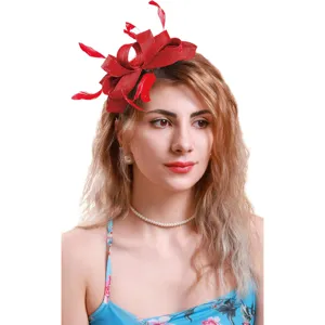 Red fascinator hat with feathers and bow for women, elegant hair accessory for tea party derby.